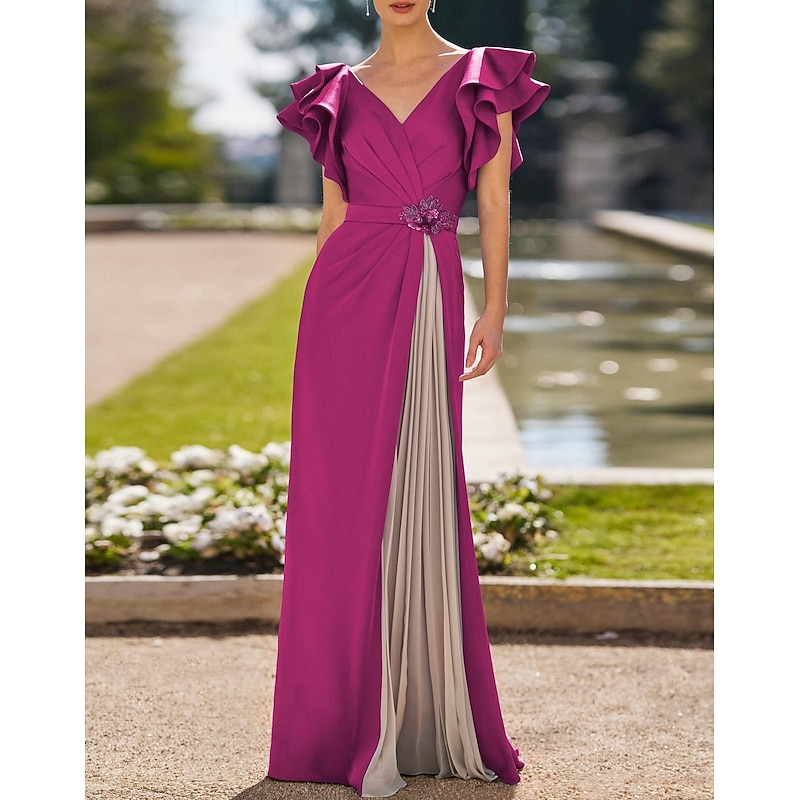 Sheath Evening Gown Elegant Dress Formal Wedding Guest Floor Length Short Sleeve V Neck Stretch Crepe with Pleats Crystals3