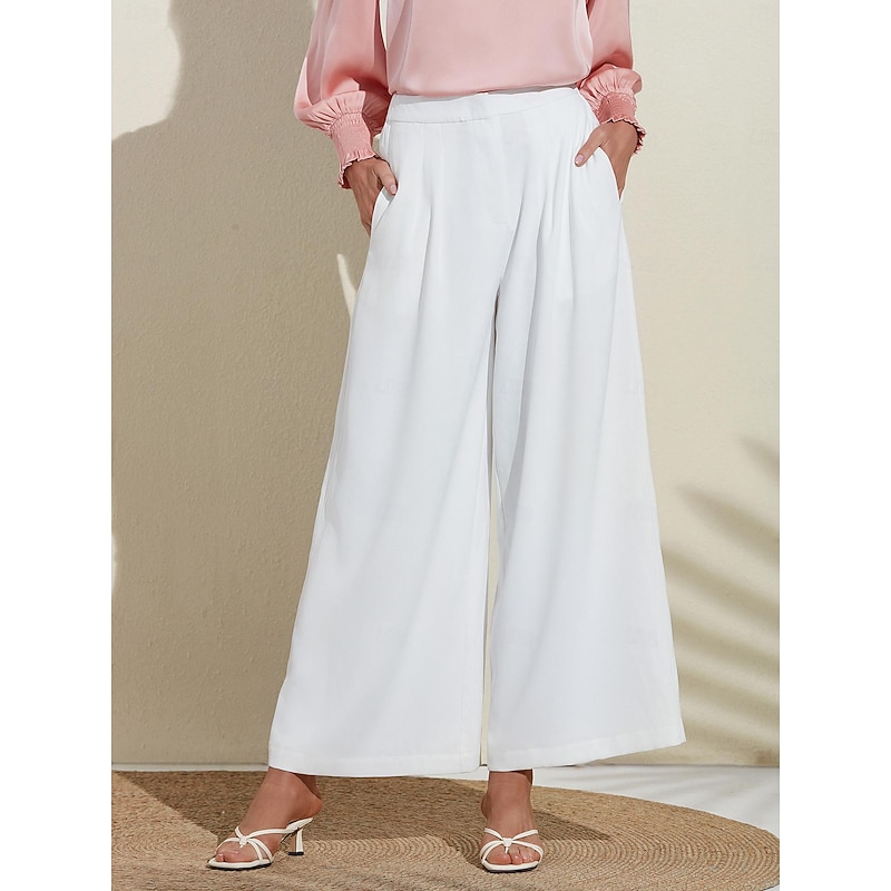 Women's Essential Trousers White Wide Leg Full Length Elastic Waist