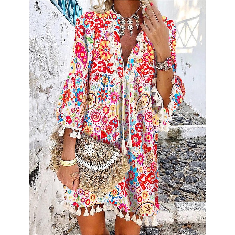 Women's Mini Dress Petite Dress Casual Dress Long Sleeve Boho Dress Summer Dress Boho Dress Bohemia Ethnic Vacation Holiday Loose Fit Floral Geometric Color Block Split Neck White Red Navy Blue4