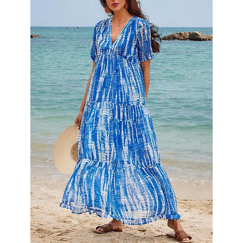 Women's Long Dress Maxi Dress Casual Dress Chiffon Dress Swing Dress Summer Dress Streetwear Maxi Vacation Street Holiday Loose Fit Tie Dye Short Sleeve V Neck Blue Summer4