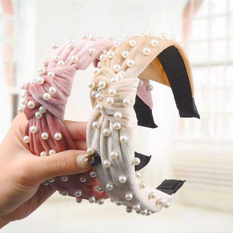 Pearl Headbands for Women, Beaded Headband Non Slip Wide Top Knot Head Bands, Black White Pink Gold Headband with Pearls Hair Accessories for Women and Girls Daily Festival Gifts2