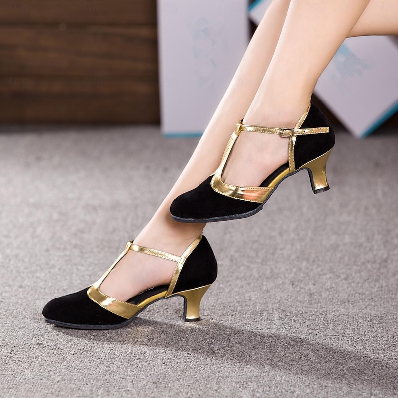 Women's Modern Dance Shoes Indoor Ballroom Dance Square Dance Plus Size Heel Splicing Cuban Heel Pointed Toe Buckle Adults' Black / Gold Blue Brown3
