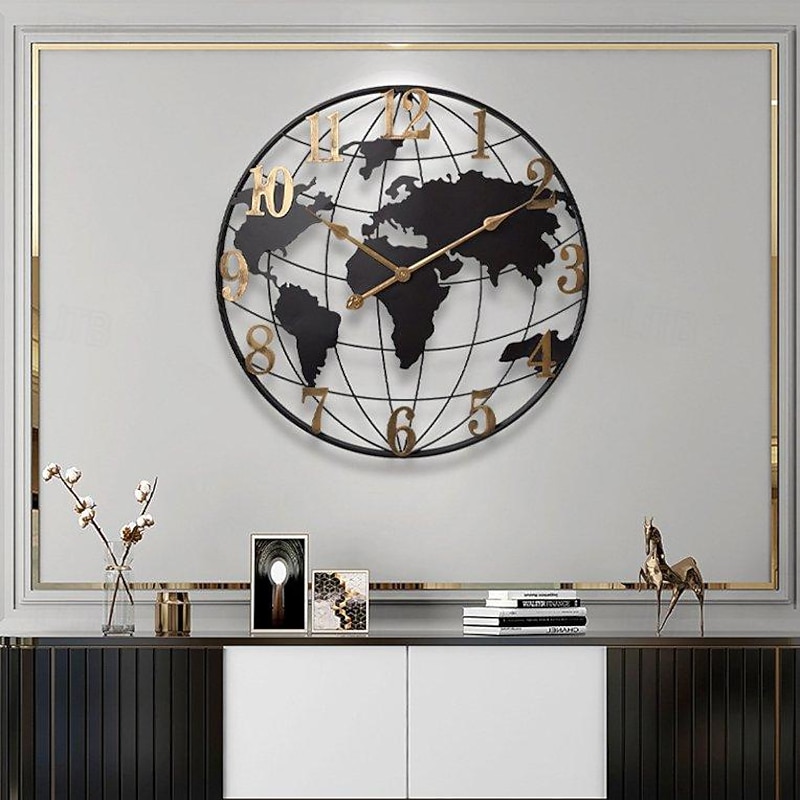 Large Wall Clock World Map Modern Mute Simple Round Iron Design Living Room Corridor Decoration Electronic Clock 60cm