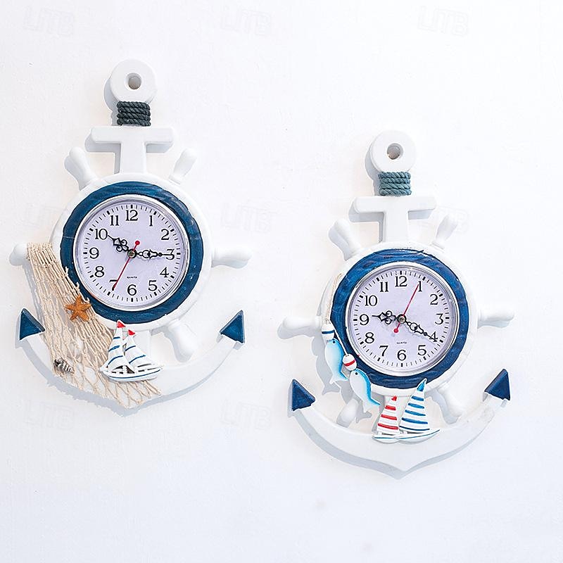 Wall Decoration Wall Hanging Mediterranean Style Wood Powder Stamped Blue And White Helmsman Anchor Creative Personalized Nautical Clock2