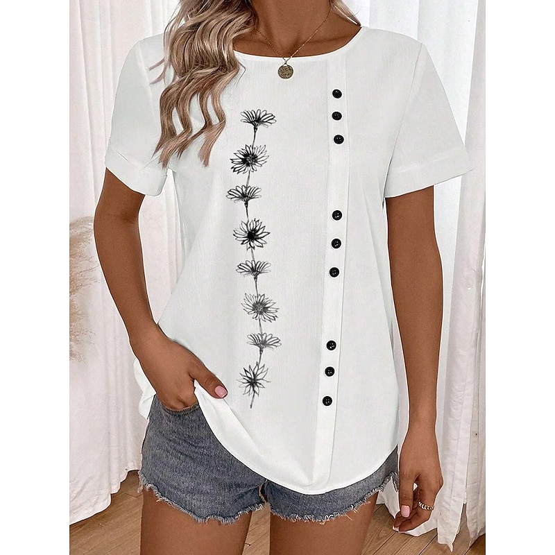 Women's 100% Cotton Shirt Tunic Short Sleeve Crew Neck White Summer Linen Like