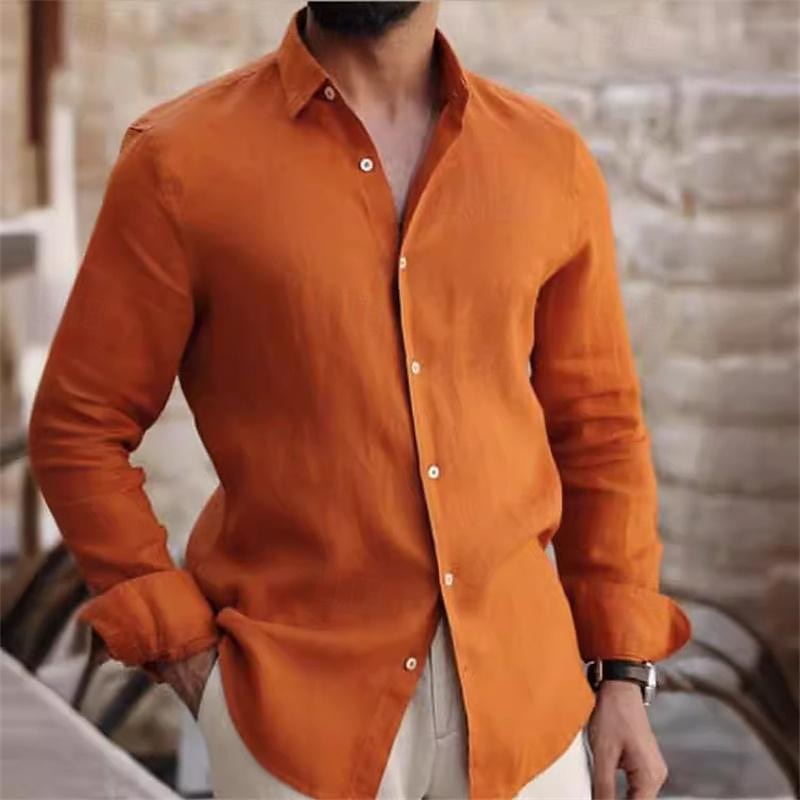 Men's Shirt Long Sleeve Casual Shirt Button Up Shirt Plain Beach Shirt Yellow Orange Lapel Button-Down Clothing Apparel Fashion Casual Comfortable