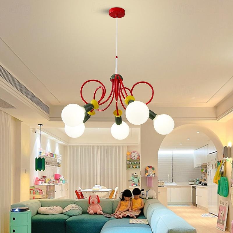 Children's Room Color Chandelier 3/5-Light Globe Glass Pendant Light Fixtures Adjustable Metal Ceiling Hanging Lamps for Dinning Room,Bedroom,Corridor Light Fixtures2