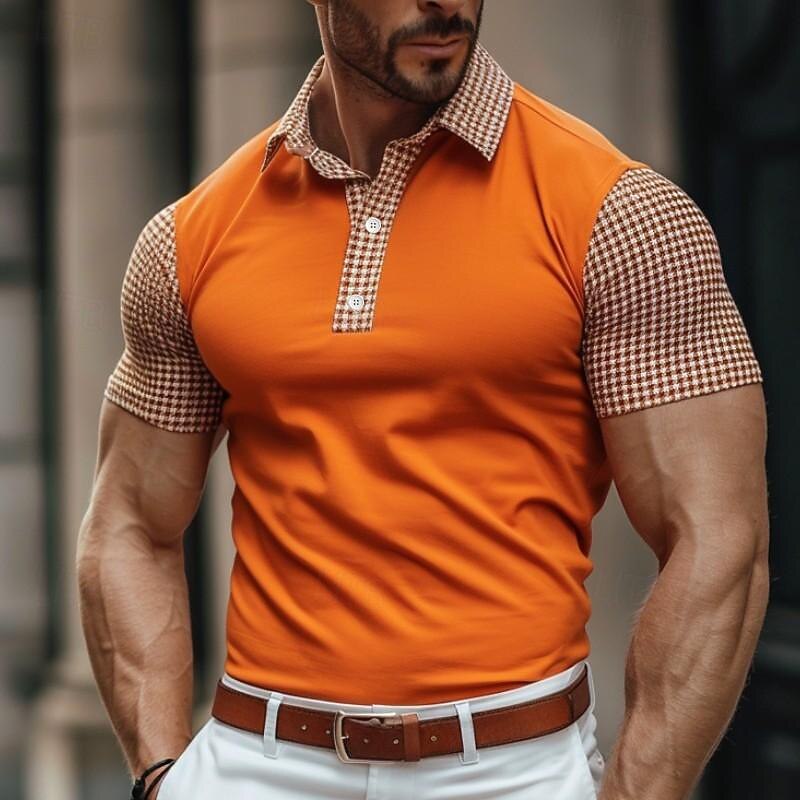 Men's Polo Shirt Golf Shirt Casual Holiday Lapel Short Sleeve Fashion Basic Color Block Houndstooth Patchwork Summer Regular Fit Orange Polo Shirt