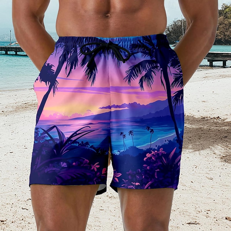 Men's Coconut Tree Landscape Swim Trunks Swim Shorts Board Shorts Mid Waist Hawaiian Casual Holiday Beach Drawstring with Mesh lining Elastic Waist Designer Clothing Apparel4