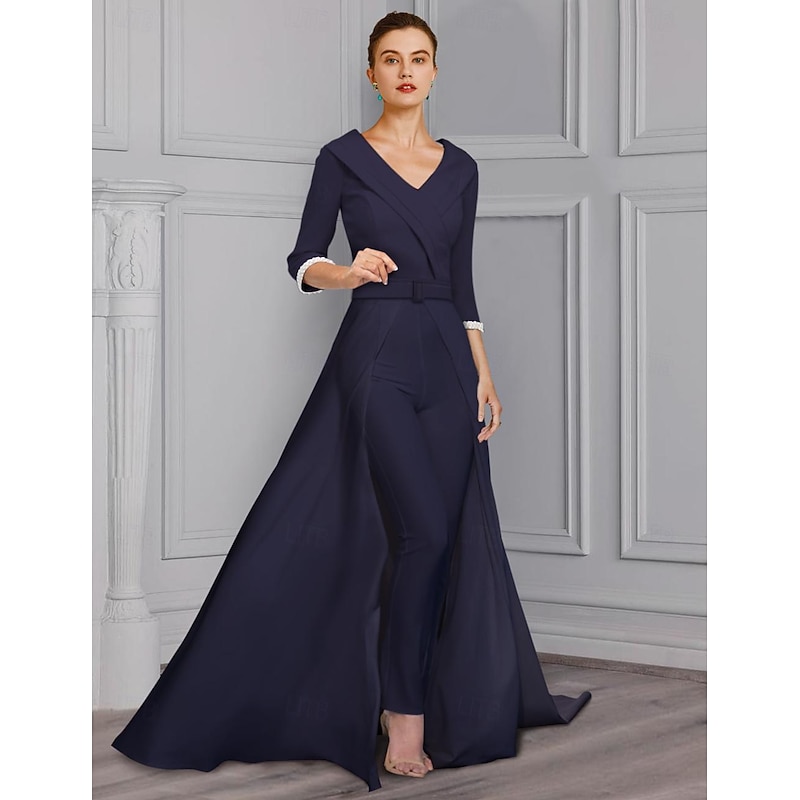 Jumpsuit Mother of the Bride  Tuxedo  Formal Wedding Guest Elegant detachable V Neck Floor Length Satin 3/4 Length Sleeve with Pearls2