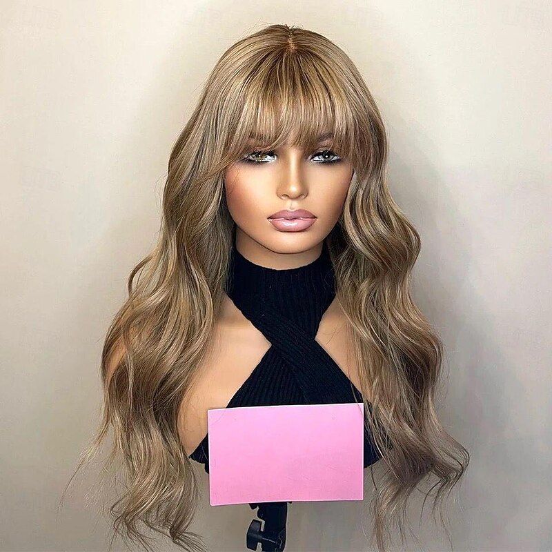 Remy Human Hair 13x4 Lace Front Wig With Bangs Brazilian Hair Wavy Multi-color Wig 130% 150% Density Highlighted / Balayage Hair Natural Hairline  Pre-Plucked For Women Long Human Hair Lace3