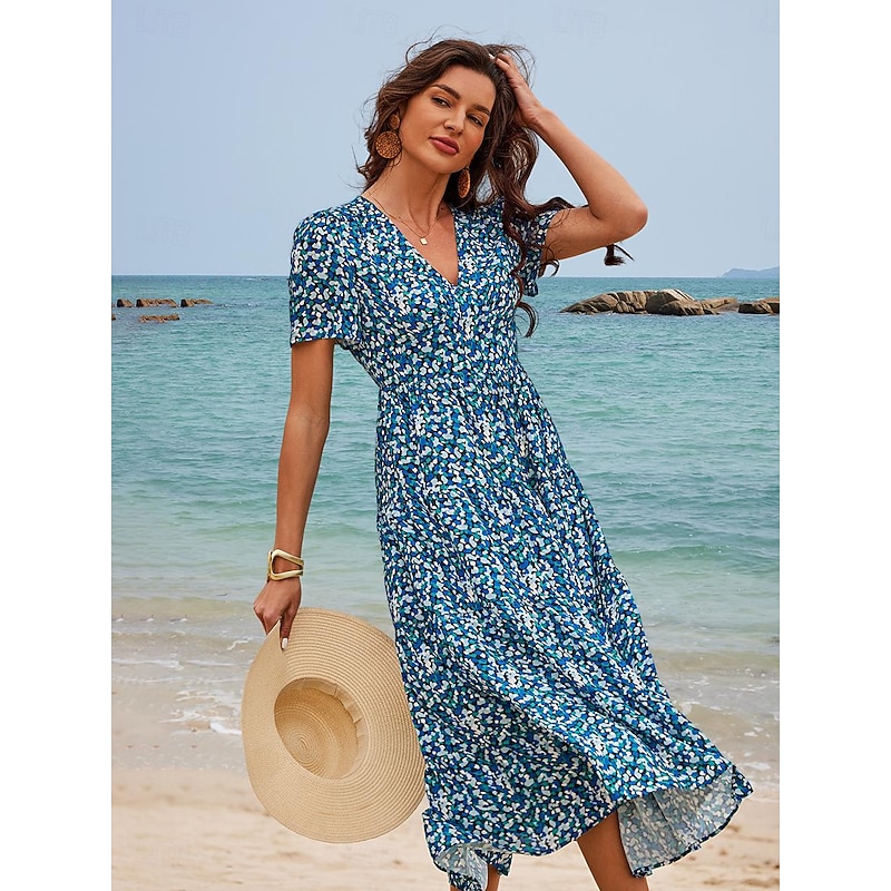 Women's Mid-Length Dress Short Sleeve V-neck Floral Print Bohemian Style Comfortable Beach Vacation Wear Blue White Summer Spring Clothing Apparel3