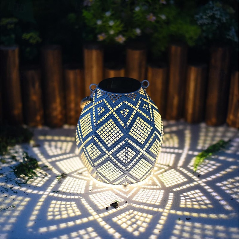 Solar Outdoor Lamp Hollow Lantern Waterproof Hemp Rope Iron Art Lamp Imitation Cloth Pattern Courtyard Lamp for Scene Decor, Festivals Decor2