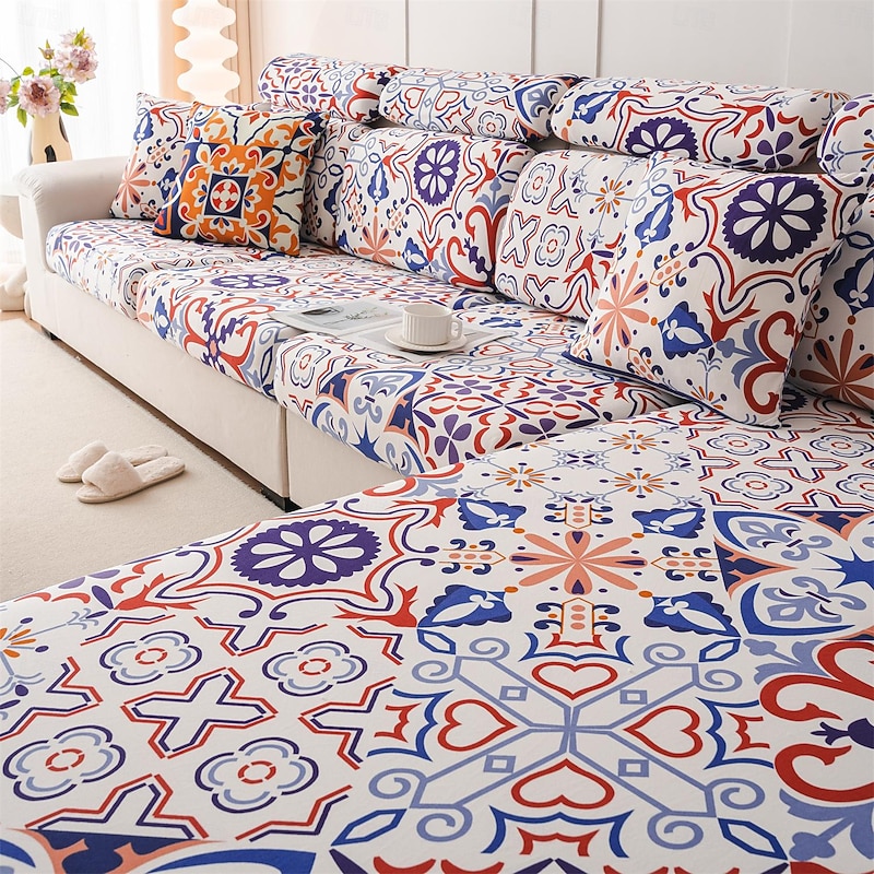 Bohemia Design Sofa Cover Stretch Sofa Seat Couch Cushion Slipcovers Boho Style, Anti-Slip Furniture Protector for Sectional 1/2/3/4 Seat Cover,L Shape Sofa Covers, Chaise Lounge Sofa Slipcover
