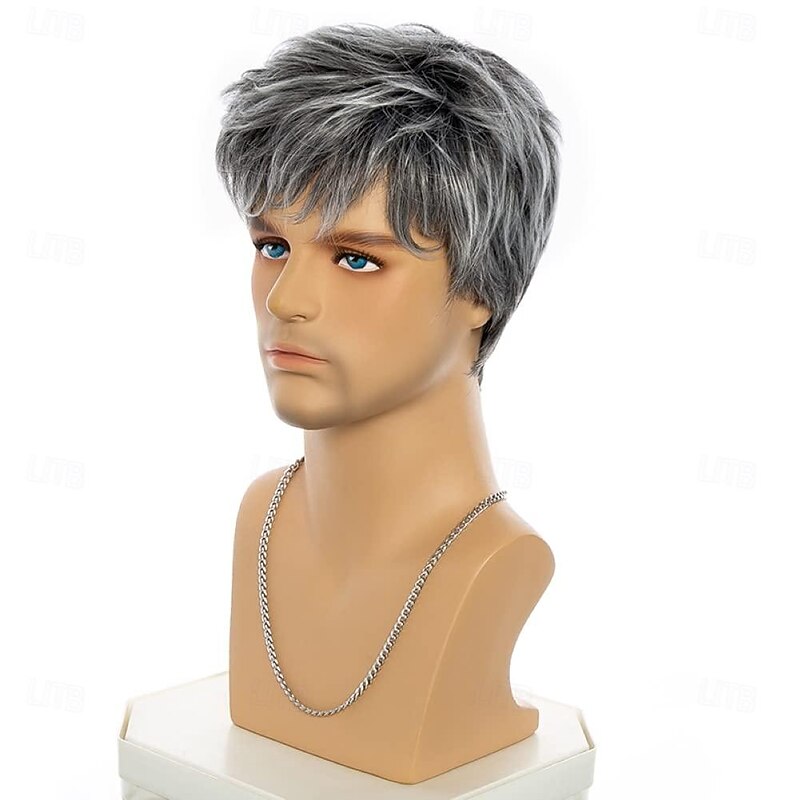 Men's Wigs Grey Short Straight Hair Fluffy Looking Shaggy Layered Natural Side Part Wig Synthetic Hair Wigs Heat Resistant Replacement Full Wigs Grey2