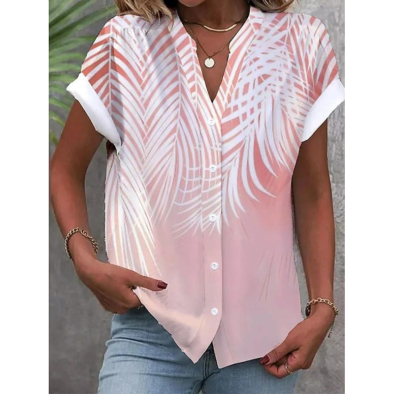 Women's Shirt V Neck Button Down Blouse Fashion Streetwear Floral Buttons Print Short Sleeve Regular Tops Split Neck Casual White Pink Sky Blue Summer