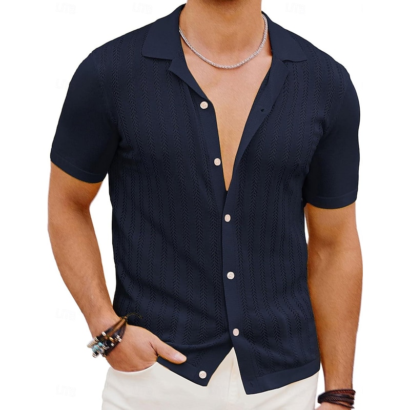 Men's Shirt Summer Shirt Button Up Shirt Cardigan Black Yellow Purple Deep Blue Short Sleeves Fashion Lapel Daily Wear Hole Clothing Apparel Modern Contemporary4