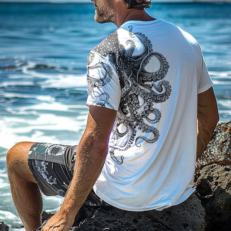 Men's Animal Octopus T Shirt Short Sleeve T shirt 3D Print Crew Neck Shirt Vacation Casual Resort Style Sports Outdoor Holiday Going out White Blue Khaki Spring & Summer Clothing Apparel S M L XL 2XL2