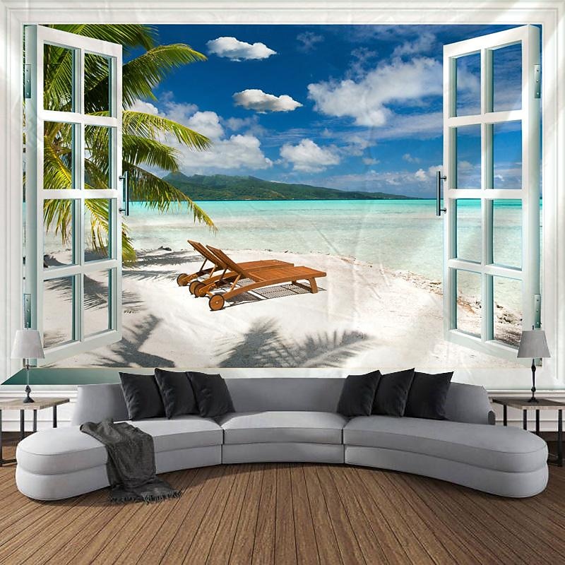 Beach Window View Hanging Tapestry Wall Art Large Tapestry Mural Decor Photograph Backdrop Blanket Curtain Home Bedroom Living Room Decoration2