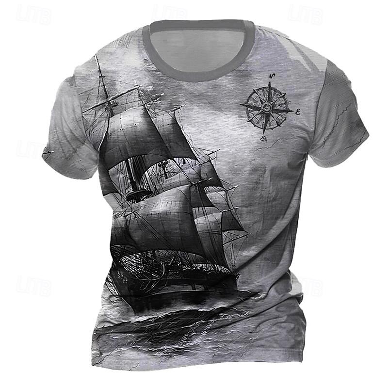 Men's Graphic Compass Sailboat T Shirt Short Sleeve T shirt 3D Print Crew Neck Shirt Daily Designer Retro Vintage Sports Outdoor Holiday Going out Yellow Blue Green Spring & Summer Clothing Apparel S4