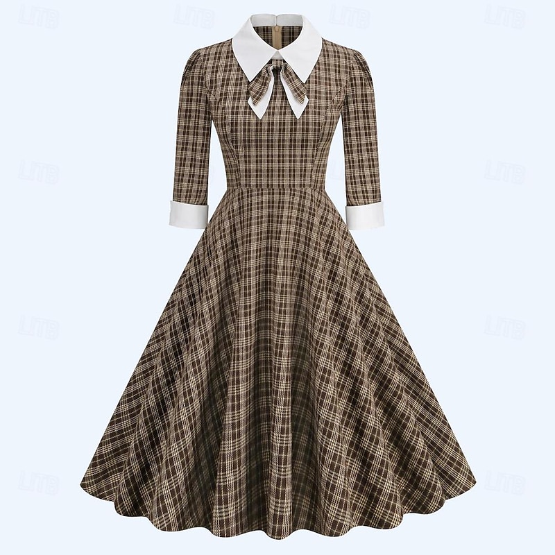 Retro Vintage 1950s Rockabilly Midi Dress Swing Dress Flare Dress Plaid Checkered Fancy Dress Women's Masquerade Masquerade Date Bachelorette Party Adults' Dress Homecoming Dresses Fall & Winter