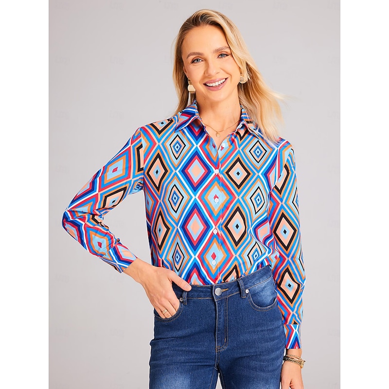 Women's Shirt Long Sleeve Button Down Blouse Basic Neon & Bright Geometric Buttons Print Regular Tops Shirt Collar Casual Blue Brown Green Spring Fall2