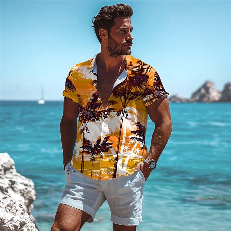 Men's Palm Tree Tropical Plants Shirt Summer Hawaiian Shirt Aloha Shirt Short Sleeve Shirt Turndown Vacation Hawaiian Outdoor Vacation Hawaiian Blue Orange S M L4