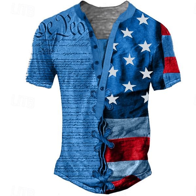 Men's Graphic Letter American Flag T shirt Henley Shirt Tee Short Sleeve 3D Print Designer Basic Classic Outdoor Daily Sports Summer Blue Khaki Gray Henley Henley T-Shirt3