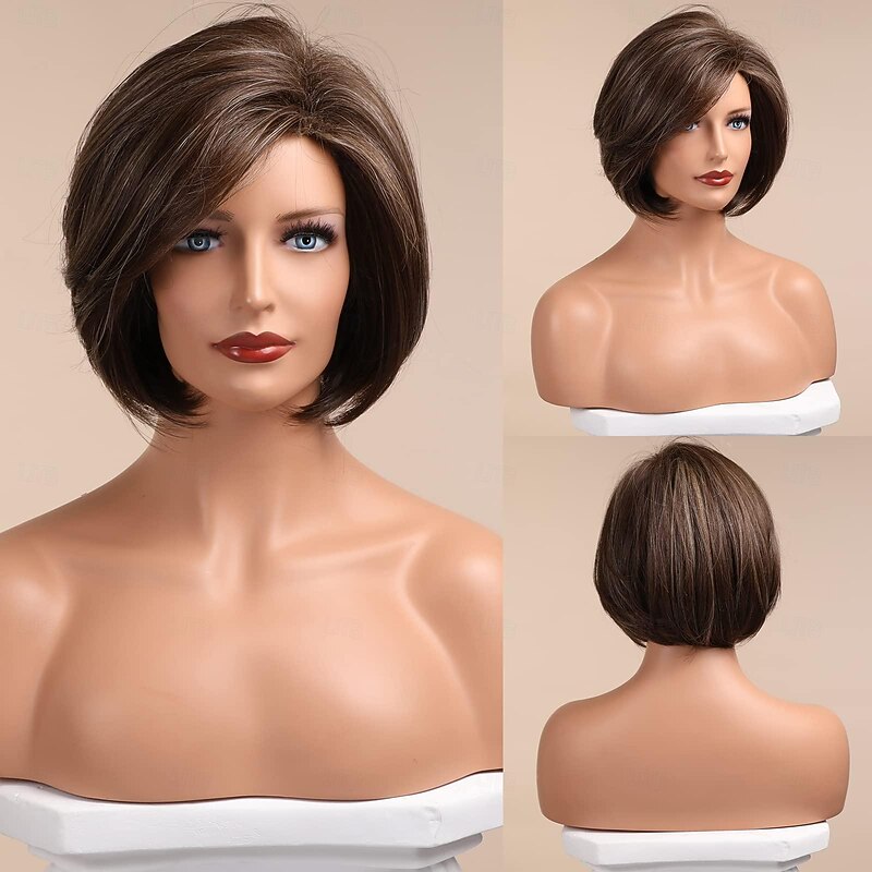 Brown Bob Wig Short Hair Wigs for Women Highlight Heat Resistant Fibre Synthetic Wig Natural Looking 10 Inch