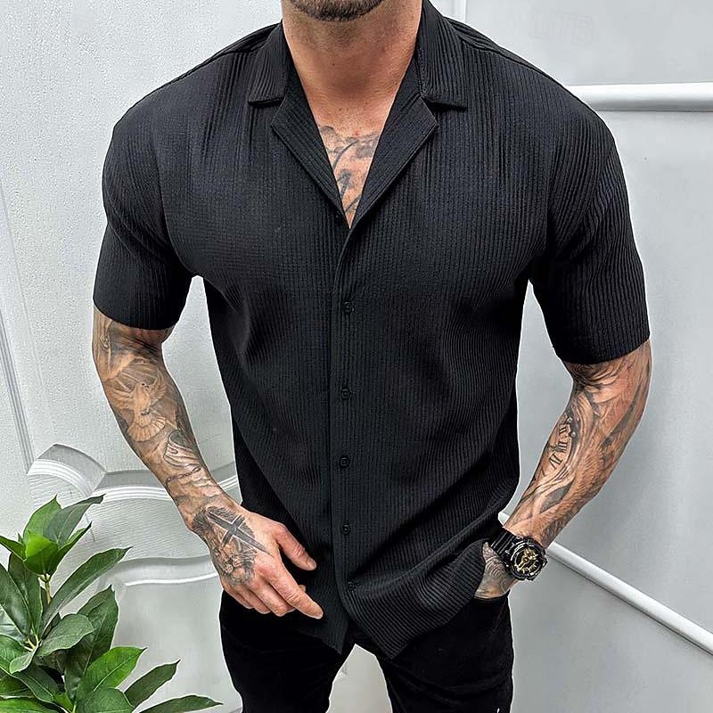 Men's Shirt Summer Shirt Casual Shirt Beach Shirt Cuban Collar Shirt Button Up Shirt Black White khaki Gray Short Sleeve Plain Collar Vacation Holiday Clothing Apparel Polyester Fashion Casual2