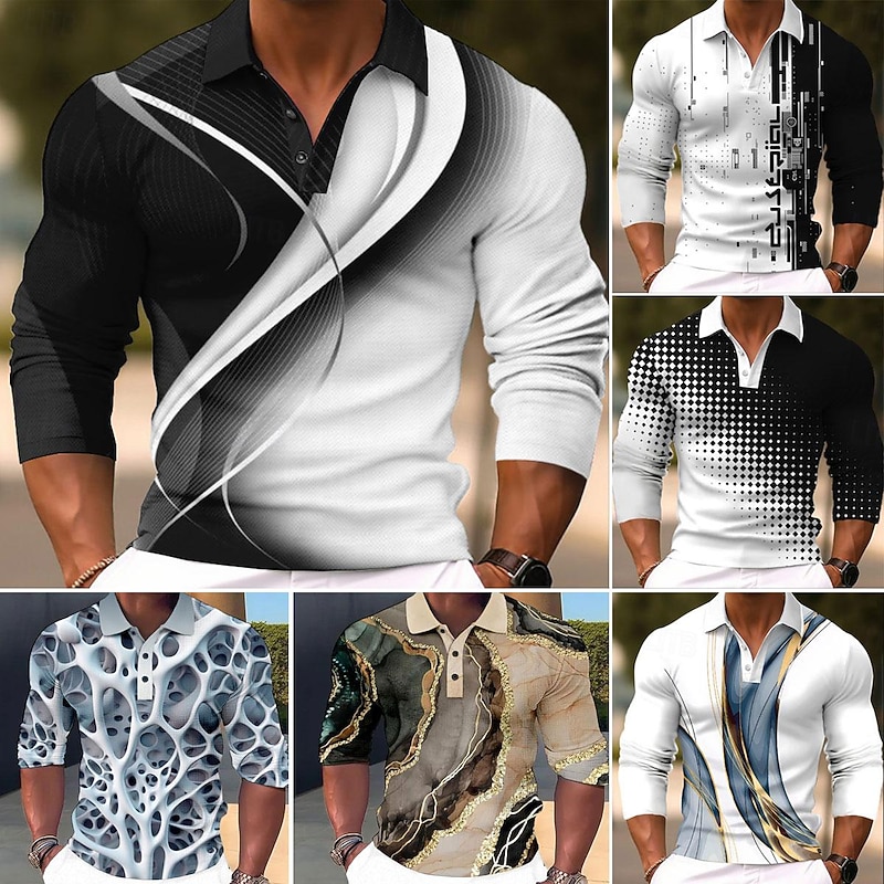 Men's Geometric Polo Shirts Golf Shirt Long Sleeve Polo Shirts Collared Shirts Business Casual WorkWear Formal Wear Festival Wear 3D Print Buttons Fall & Winter Black White Ocean Blue