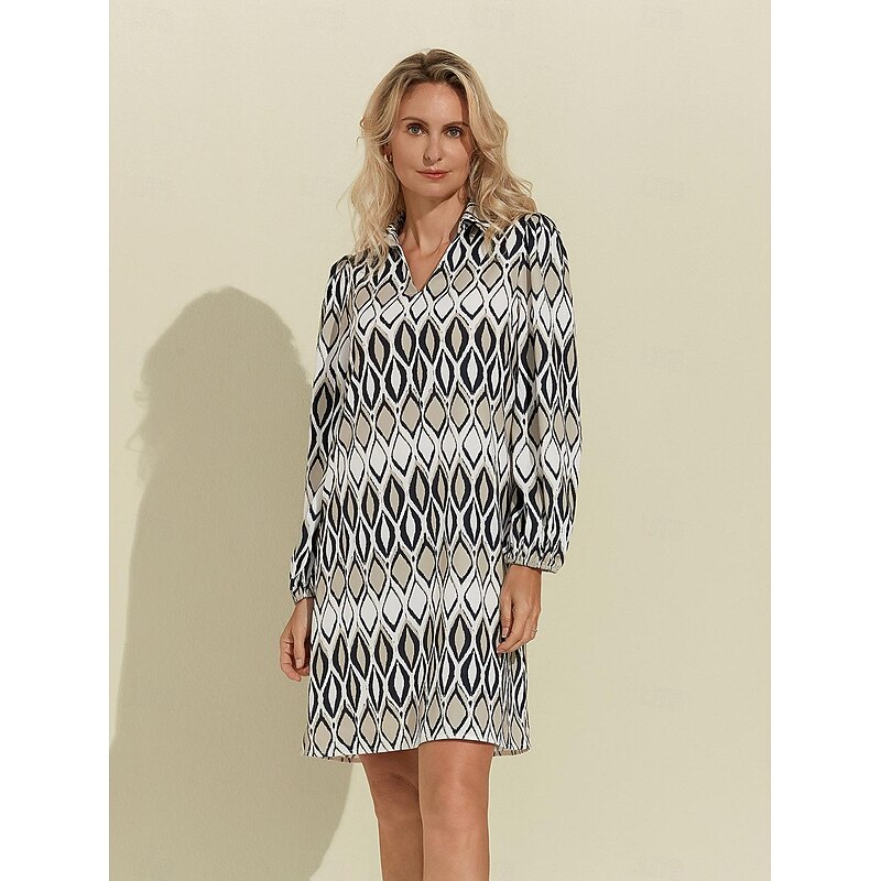 Women's Shirt Dress Mini Dress White Long Sleeve Geometic Geometrical Geometrical Spring Shirt Collar Pattern Dress S M L
