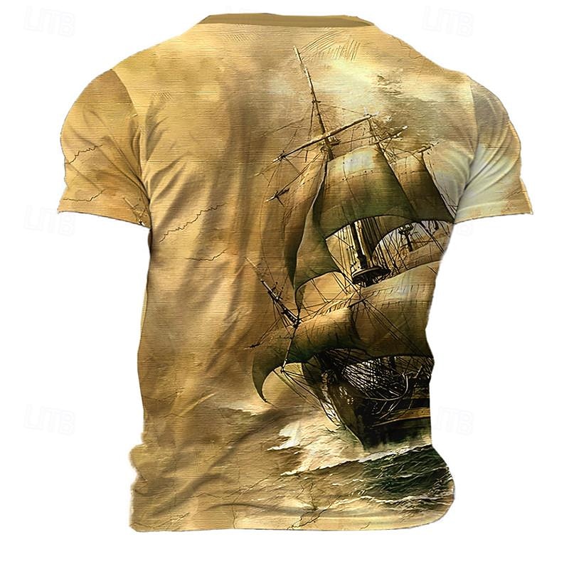 Men's Graphic Compass Sailboat T Shirt Short Sleeve T shirt 3D Print Crew Neck Shirt Daily Designer Retro Vintage Sports Outdoor Holiday Going out Yellow Blue Green Spring & Summer Clothing Apparel S2