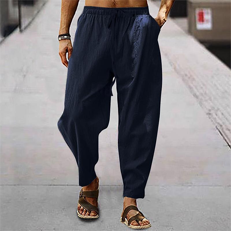 Men's Linen Pants Trousers Summer Pants Harem Pants Pocket Drawstring Elastic Waist Plain Comfort Breathable Full Length Outdoor Daily Holiday Fashion Classic Style Black White3