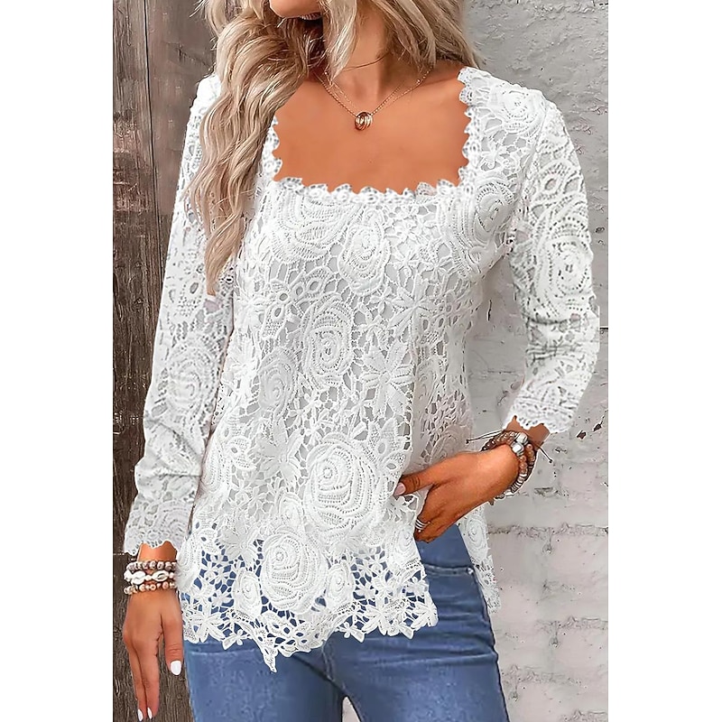 Shirt Lace Shirt Blouse Eyelet top Women's Black White Pink Plain Lace Street Daily Fashion Square Neck Regular Fit S