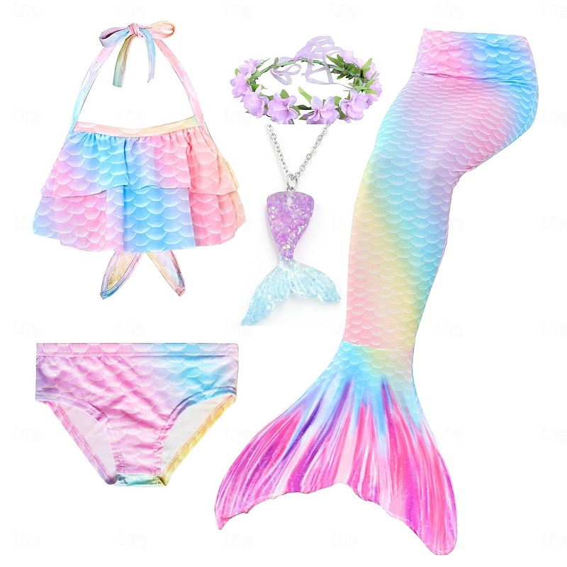 Kids Girls' Five Piece Mermaid Swimwear Swimwear Bikini Beach Swimming Rainbow Tie Dye Cute Bathing Suits 3-10 Years Summer Light Blue Colorful3