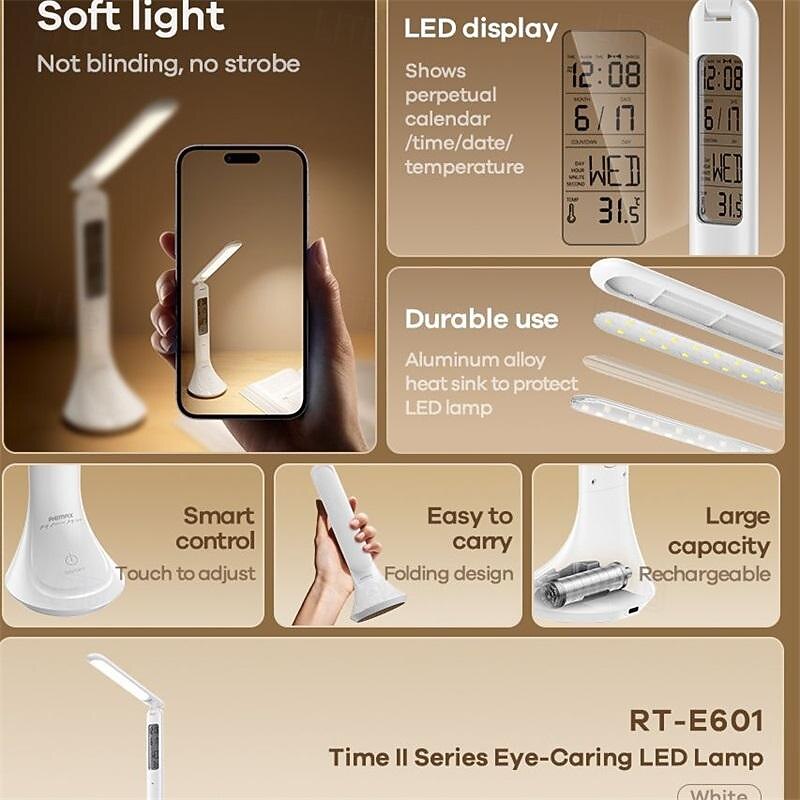 Touch Foldable LED Desk Lamp Rechargeable with Digital Clock