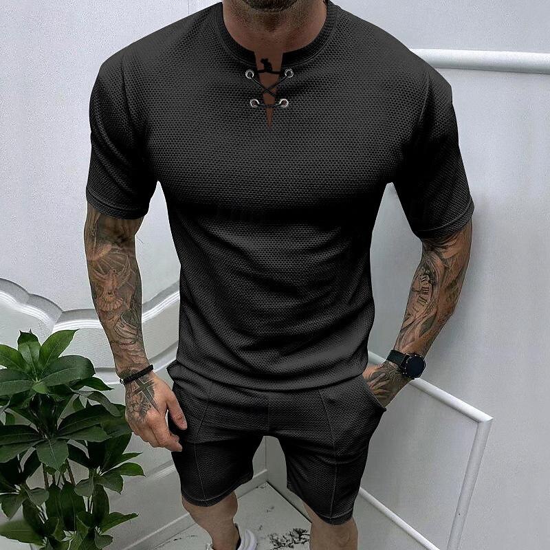 Men's Waffle Tee Waffle Shirt T Shirt T-shirt Suits Short Sleeve Crew Neck Spring & Summer Plain Fashion Designer Basic 2 Piece Vacation Street Going out Black White Royal Blue Top Tee for Men3