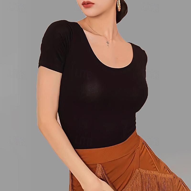 Latin Dance Ballroom Dance Top Lace Hollow-out Pure Color Women's Performance Training Short Sleeve High Spandex3