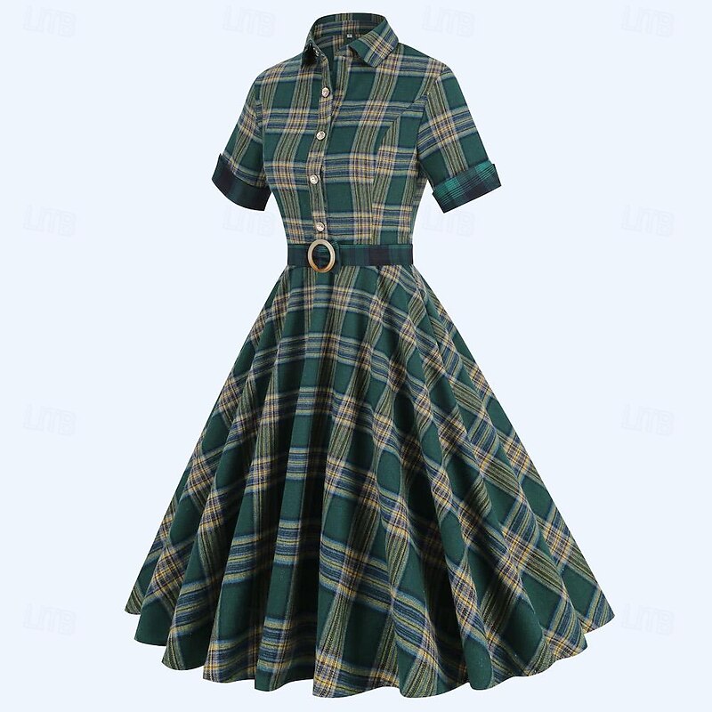 Retro Vintage 1950s Rockabilly Midi Dress Swing Dress Flare Dress Plaid Checkered Fancy Dress Women's Masquerade Masquerade Date Bachelorette Party Adults' Dress Homecoming Dresses Spring & Summer3