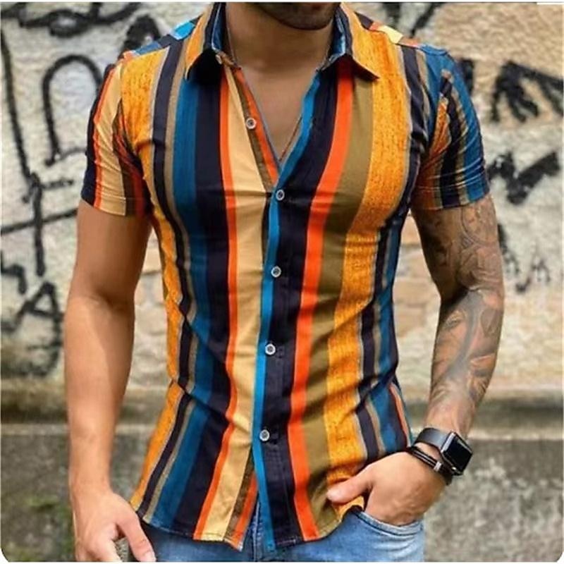 Men's Shirt Summer Shirt Casual Shirt Beach Shirt Button Up Shirt Striped Shirts Black White Yellow Blue Orange Short Sleeve Stripes Lapel Vacation Hawaiian Clothing Apparel Polyester Fashion Casual 10
