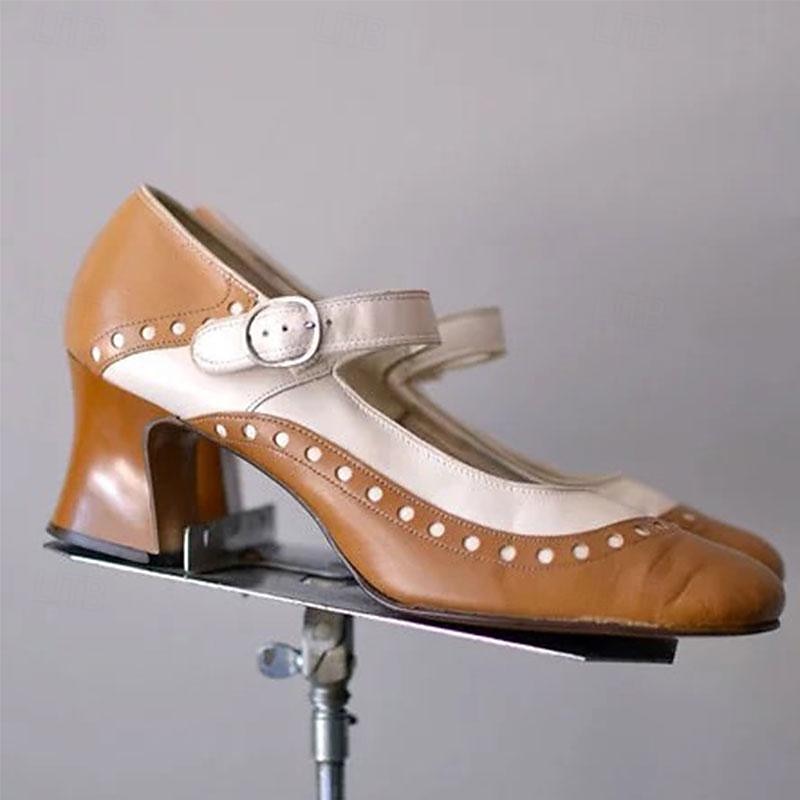 Women's Light Brown and White Mary Jane Heels with Decorative Buckle and Studded Detailing-Perfect for Vintage Gatsby-Inspired Events and Special Occasions4