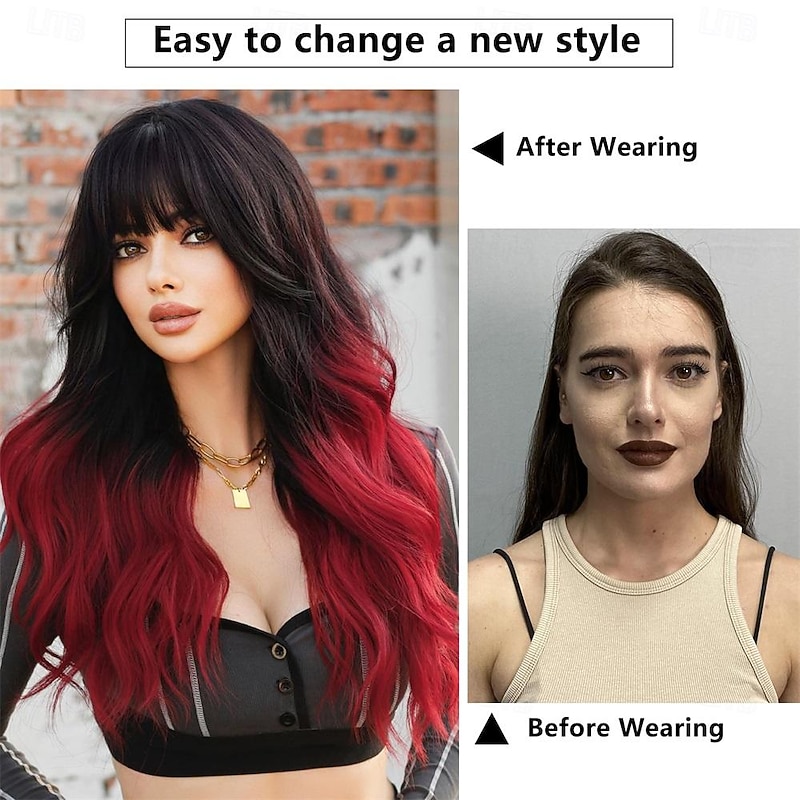 Long Wavy Wigs with Bangs 25in Black Ombre Red Synthetic Wig Heart Resiatant Wigs for Women Daily Party Cosplay Used3