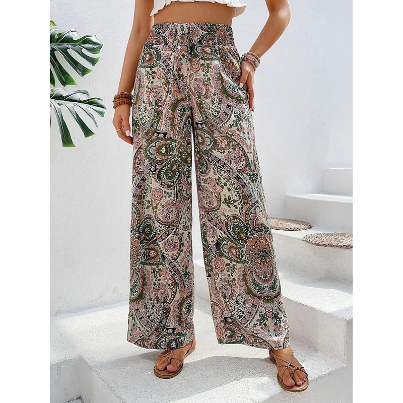 Women's Wide Leg Pants Trousers Casual Daily Long Floral Wide Leg Elastic Waistband Breathability Comfortable Micro-elastic Weekend Blue Red Green Khaki Spring & Summer Regular Fit