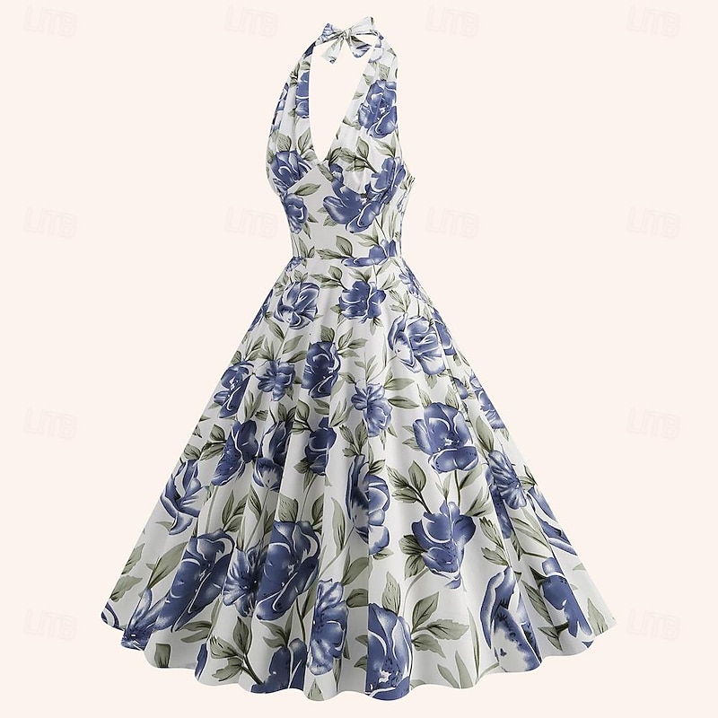 Retro Vintage 1950s Halter Midi Flapper Dress Dress Swing Dress Floral Fancy Dress Women's Masquerade Masquerade Date Bachelorette Party Adults' Dress Homecoming Dresses Spring & Summer2
