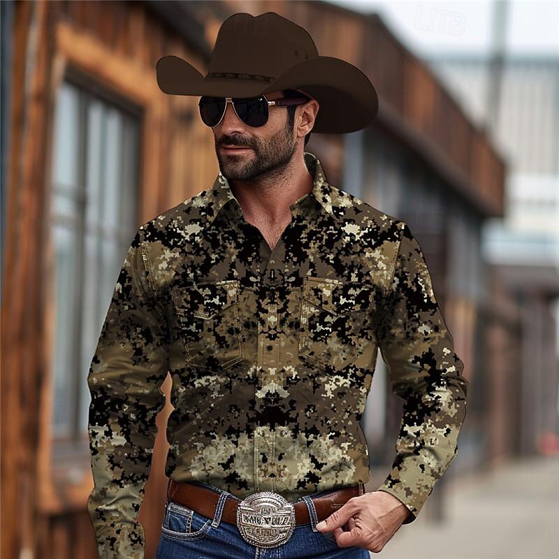 Men's Camo / Camouflage Western Shirt Cowboy Shirt Long Sleeve Vintage Western Style Tribal Outdoor Vacation Horse Race Spring & Summer Turndown Print Button-Down Navy Blue Green2