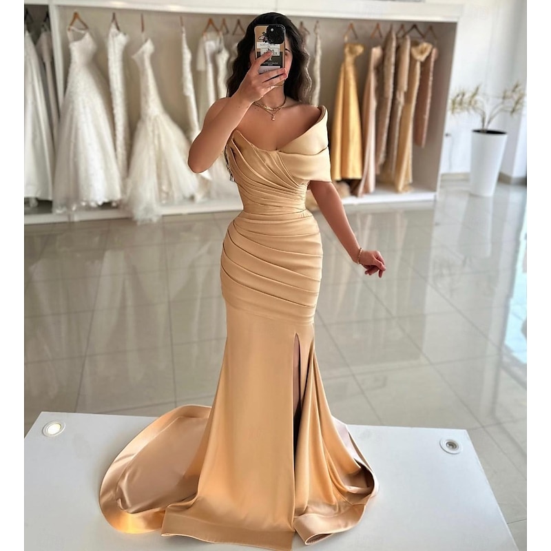Mermaid Prom Dresses Elegant Dress Formal Prom Floor Length Sleeveless Off Shoulder Satin with Ruched Slit Masquerade Dress