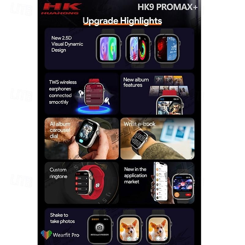 HK9 Pro Max Smart Watch with 2 Watch Bands 1.32 inch Smartwatch Fitness Running Bluetooth ECG+PPG Pedometer Call Reminder Android iOS Long Standby Hands-Free Calls Step Tracker IP68 22mm Watch Case3