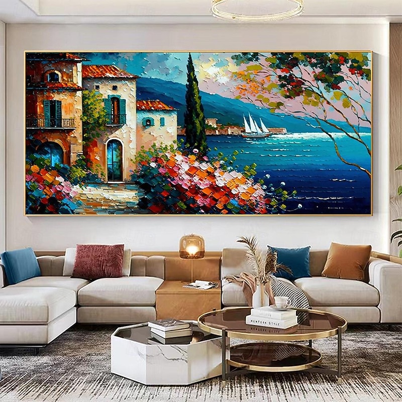 Hand painted  Mediterranean Landscape Oil Painting on canvas Impressionist Mediterranean-sea painting Canvas Art Textured Coastal painting Wall Art painting for Bedroom living room decoration3