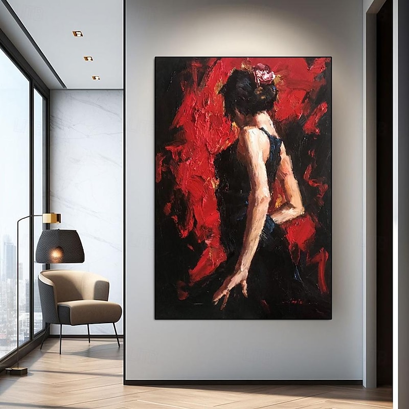 Hand painted firgure oil painting Abstract art Red woman dancer oil painting pattle knife girl dancer painting  Home decoration for living room artwork